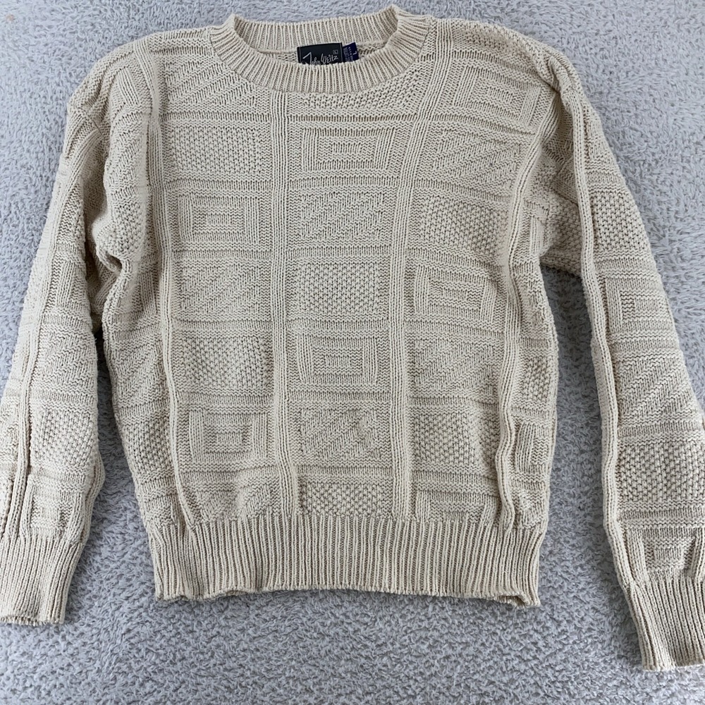 Vintage John Weitz 3D Cable Knit Sweater S/M Ivory Textured Pullover Cottagecore